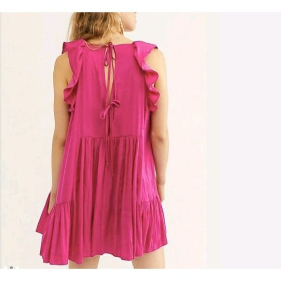 Intimately Free People Dress mini Magenta Sleeveless Smocked Ruffle Hem Size S - Picture 11 of 11